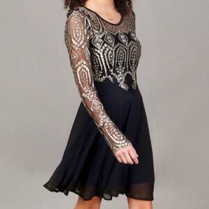Gold embroidered - Black Long Sleeve Dress